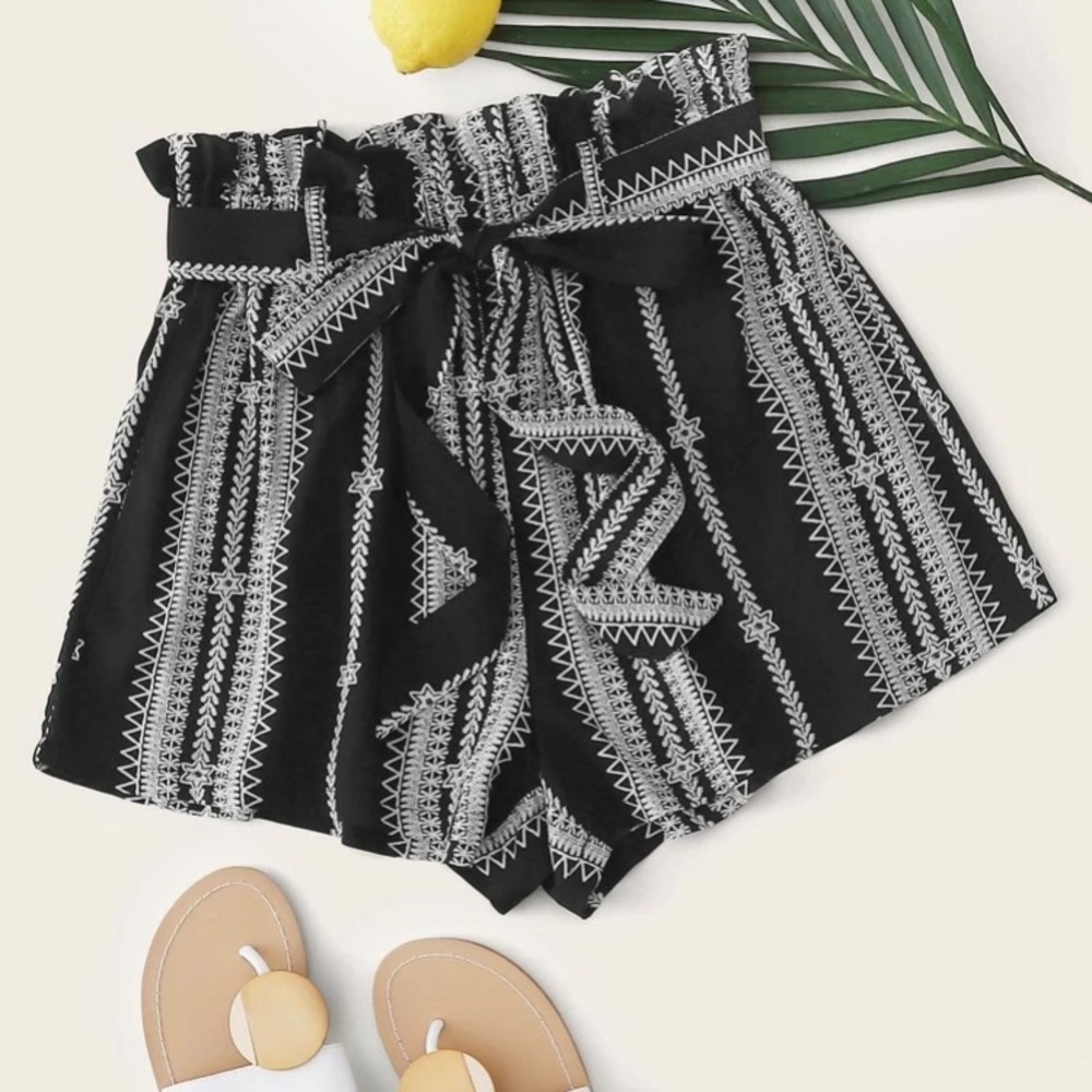 SHEIN Paperbag Waist Self Belted Tribal Shorts